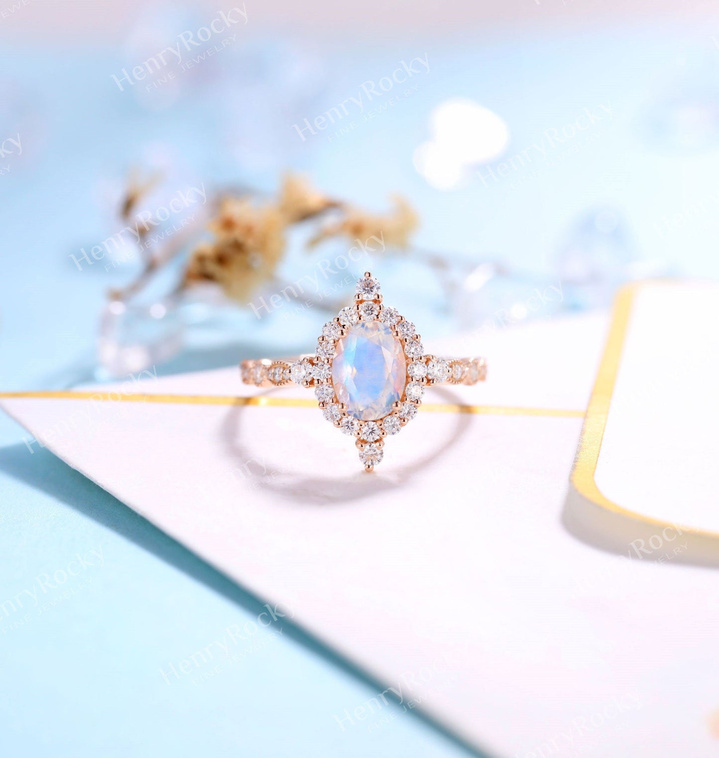 Moonstone engagement ring rose gold women | Vintage Halo wedding ring |  Art deco Moissanite jewelry Bridal ring | Anniversary gift for her
