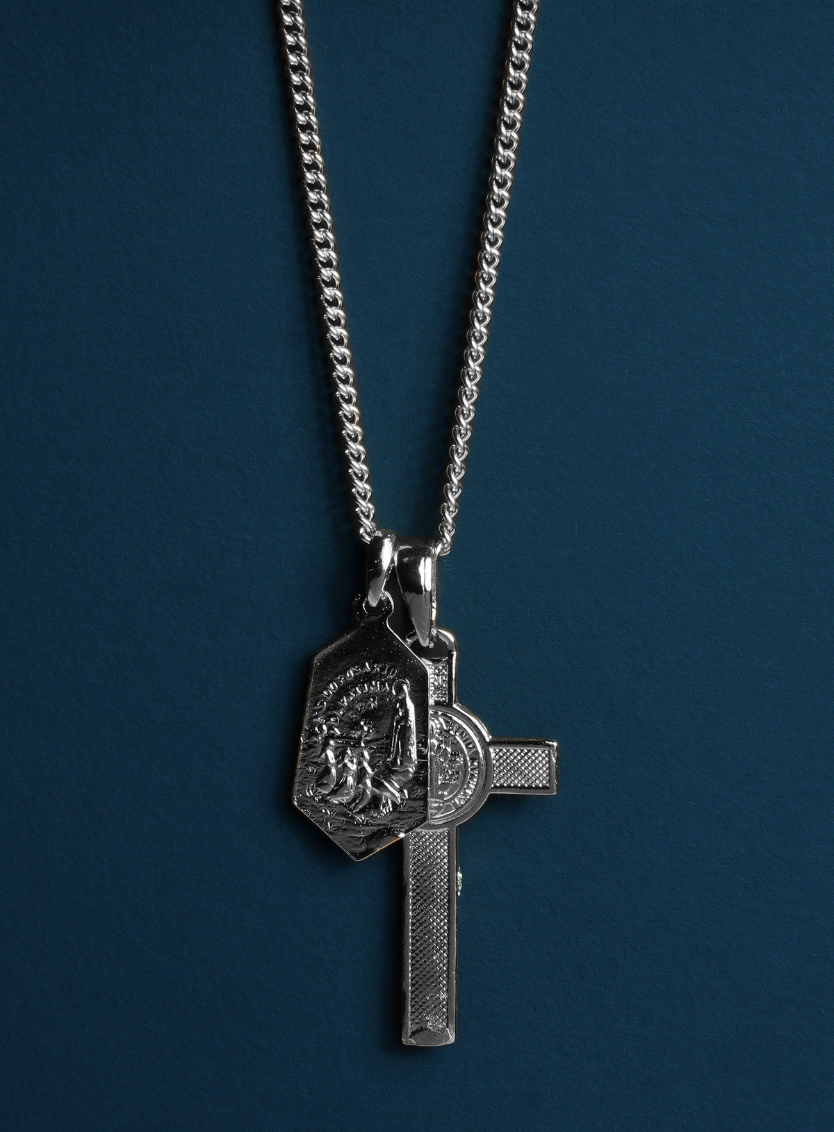 Men's silver Crucifix and Mary medal necklace