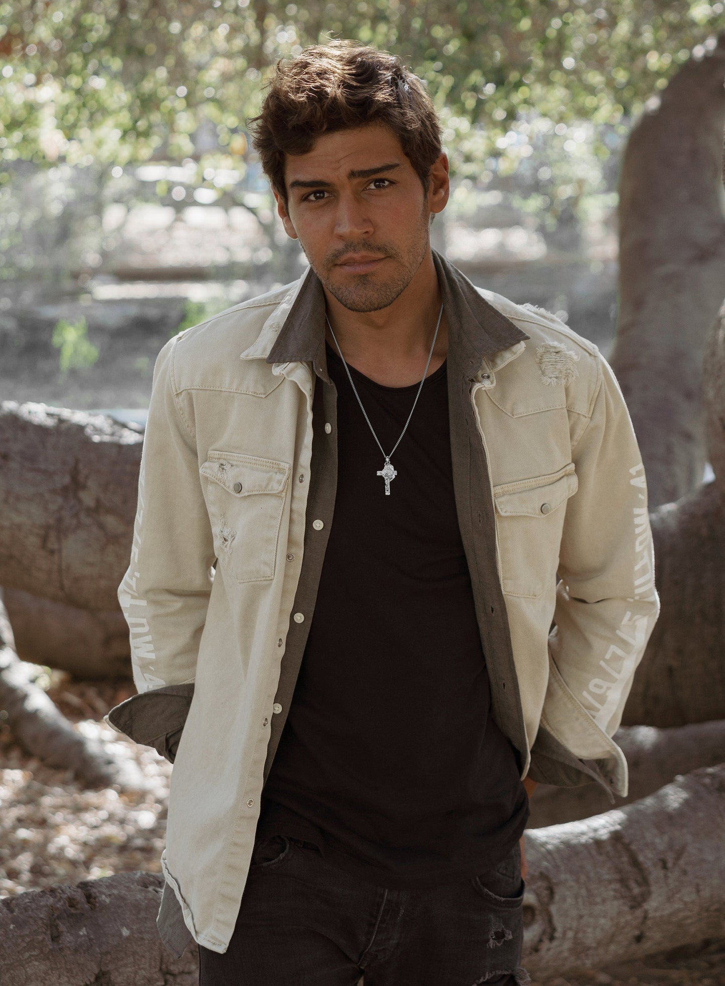 Men's silver Crucifix and Mary medal necklace