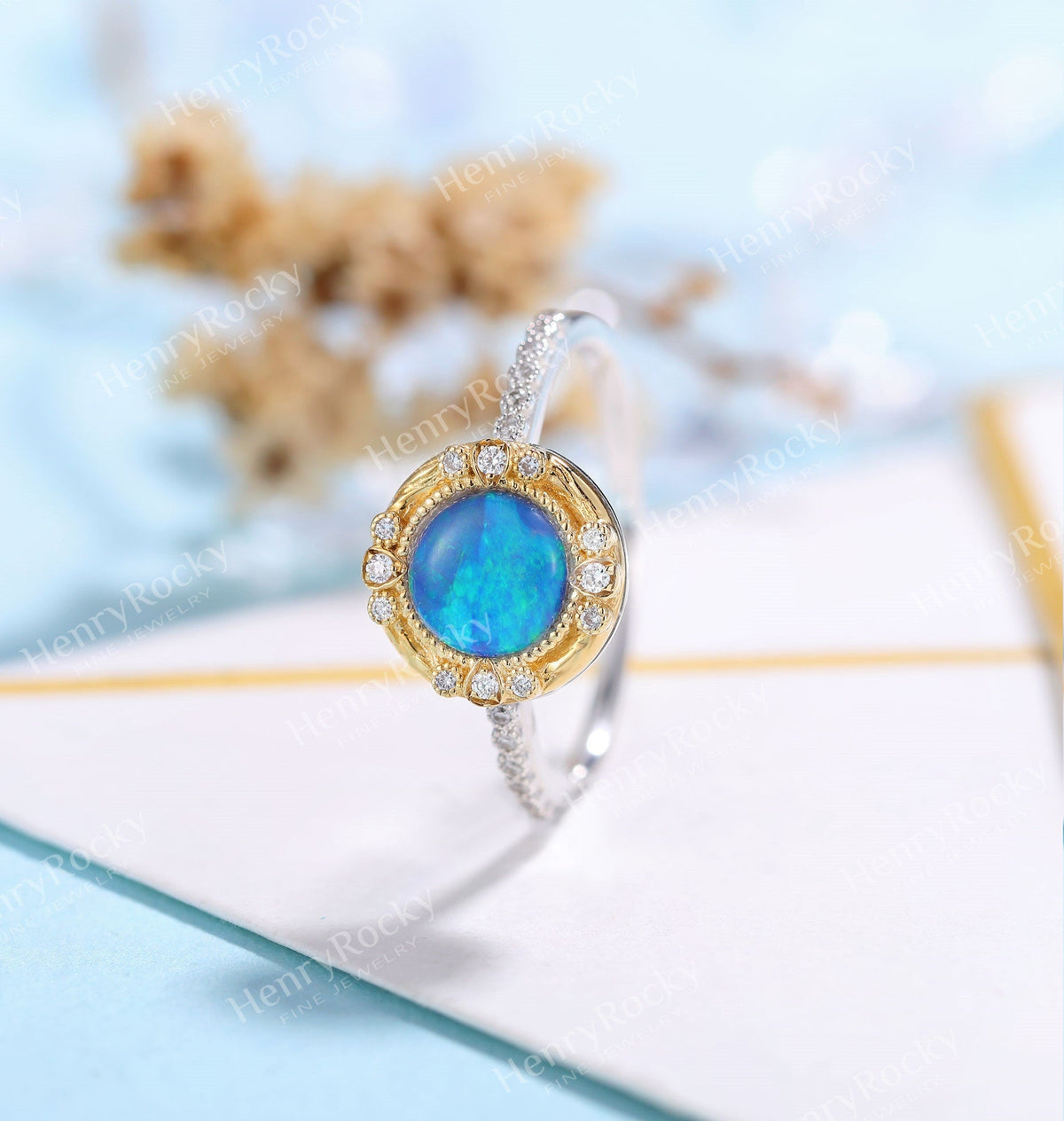 Art deco Opal Engagement Ring White gold Women | Antique Diamond half eternity Bridal Jewelry |Unique Promise Ring Anniversary Gifts for Her
