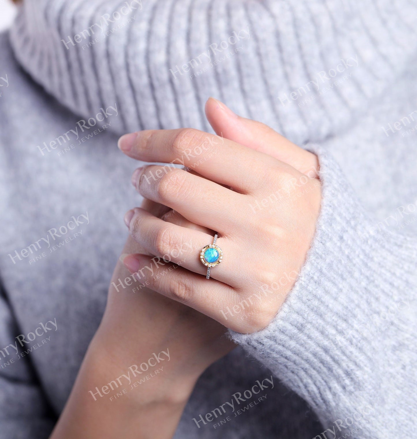 Art deco Opal Engagement Ring White gold Women | Antique Diamond half eternity Bridal Jewelry |Unique Promise Ring Anniversary Gifts for Her