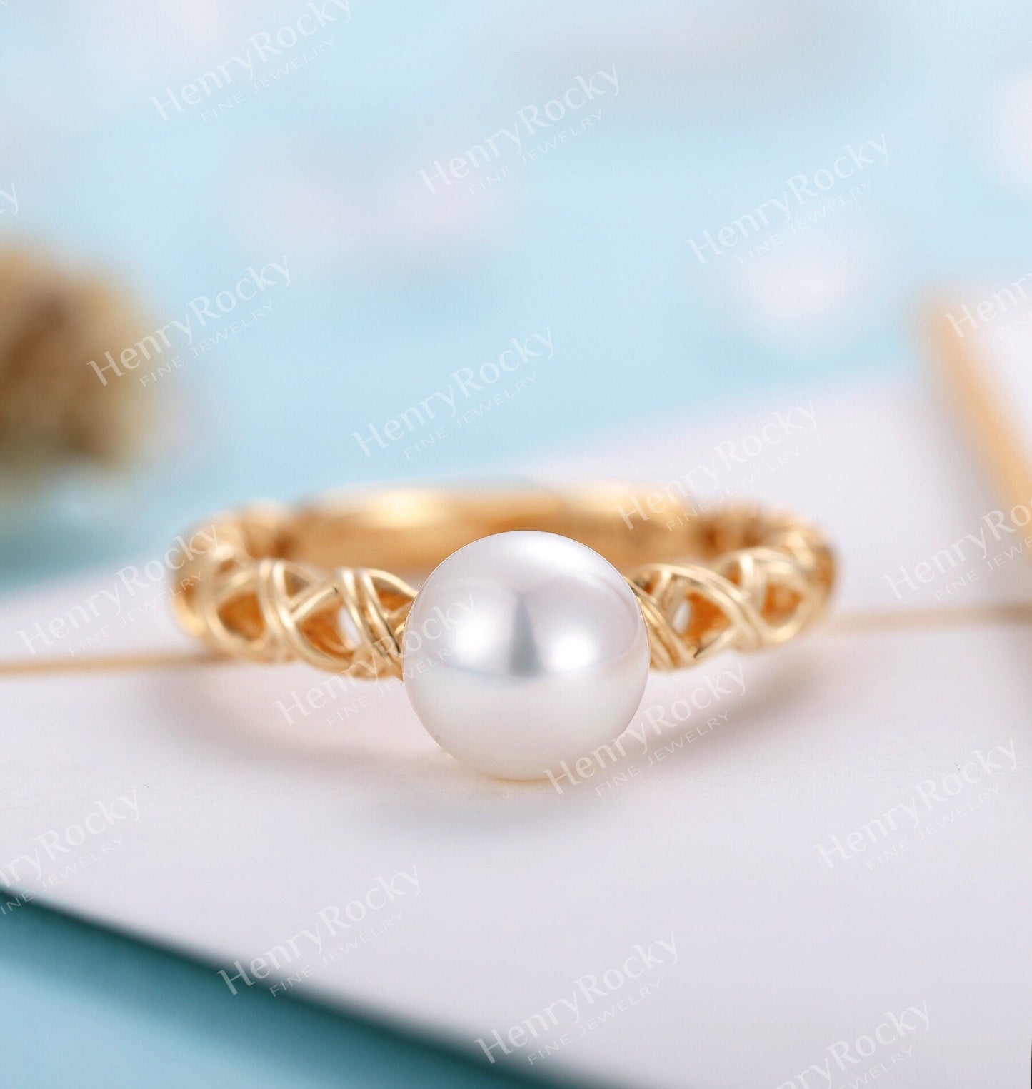 Art deco Akoya Pearl Engagement Ring Yellow gold Women | Unique Vintage Twisted Birthstone Bridal ring | Promise Ring Anniversary ring