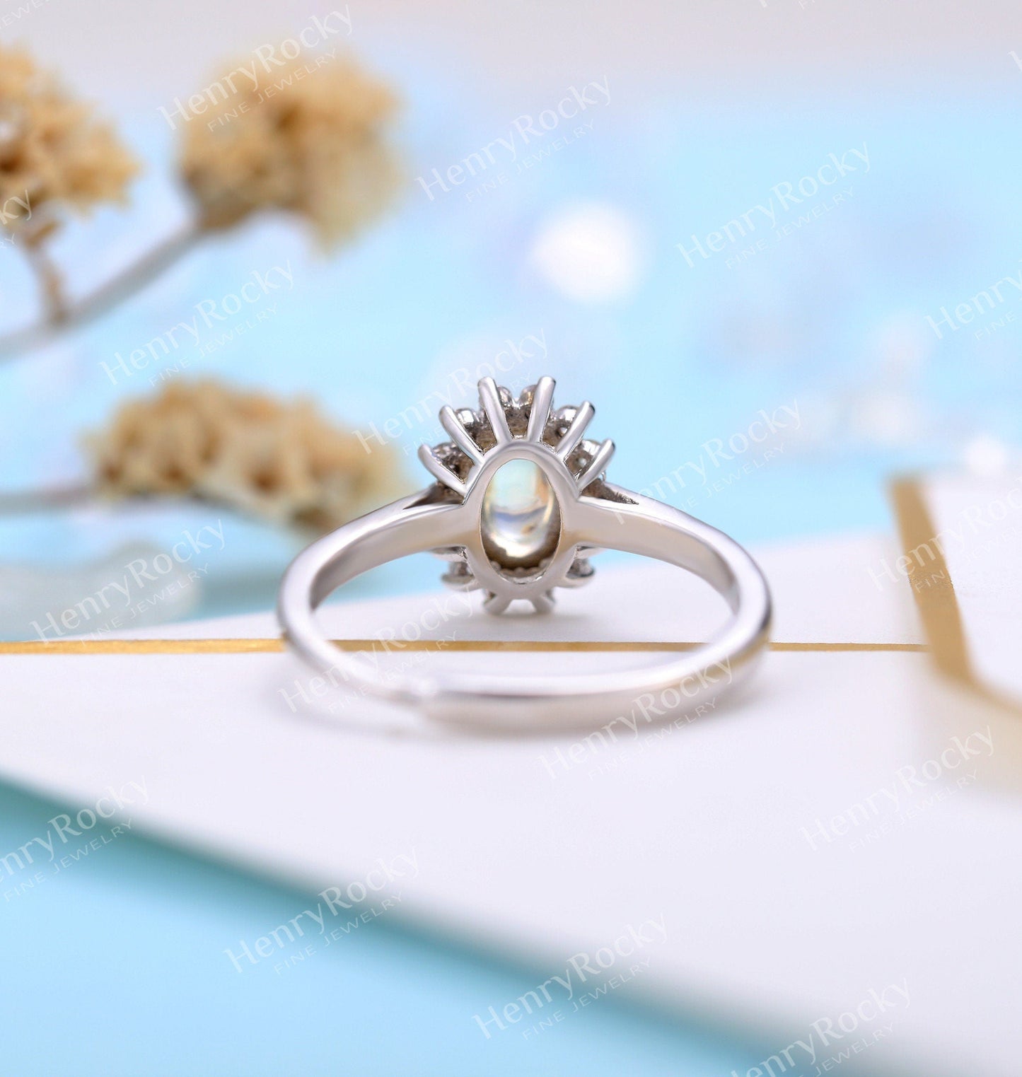 Antique Moonstone engagement ring women | Vintage floral wedding ring |  Unique white gold Bridal ring | Anniversary gift for her