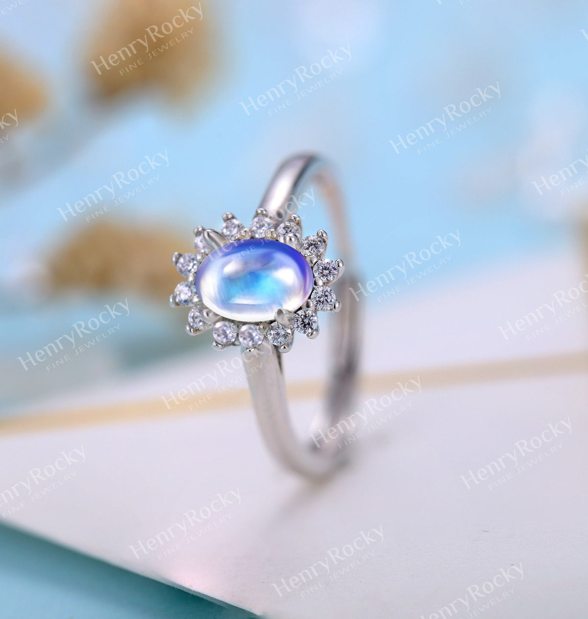 Antique Moonstone engagement ring women | Vintage floral wedding ring |  Unique white gold Bridal ring | Anniversary gift for her