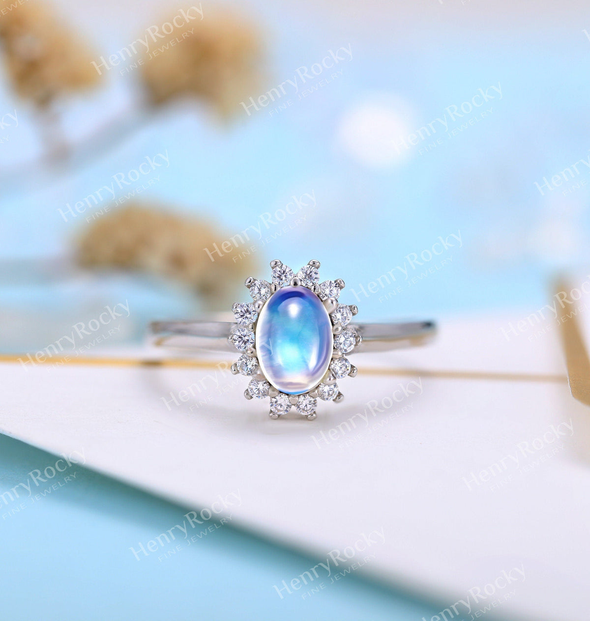 Antique Moonstone engagement ring women | Vintage floral wedding ring |  Unique white gold Bridal ring | Anniversary gift for her