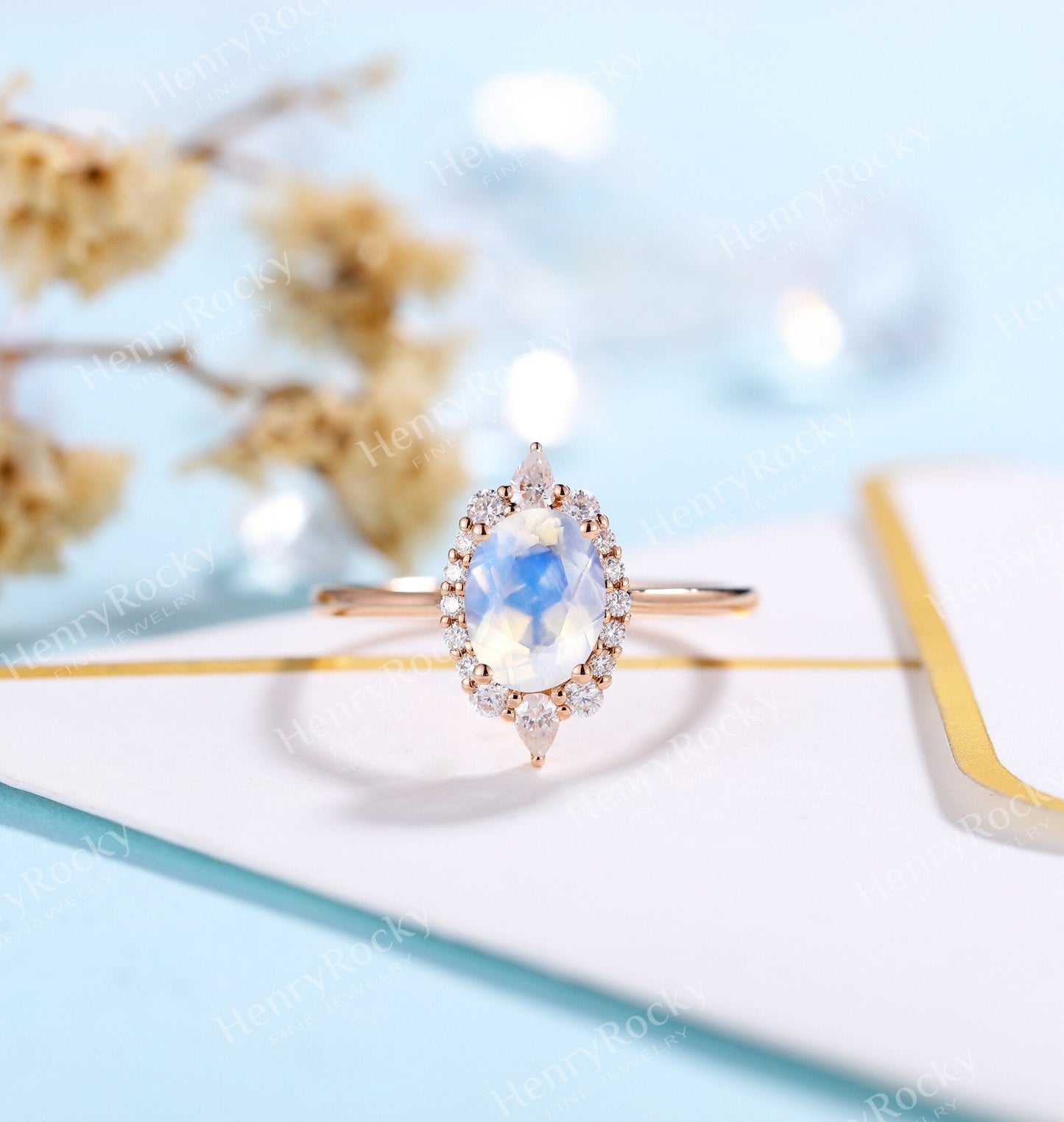 Antique Moonstone engagement ring rose gold women | Vintage floral wedding ring |  Unique jewelry Bridal ring | Anniversary gift for her