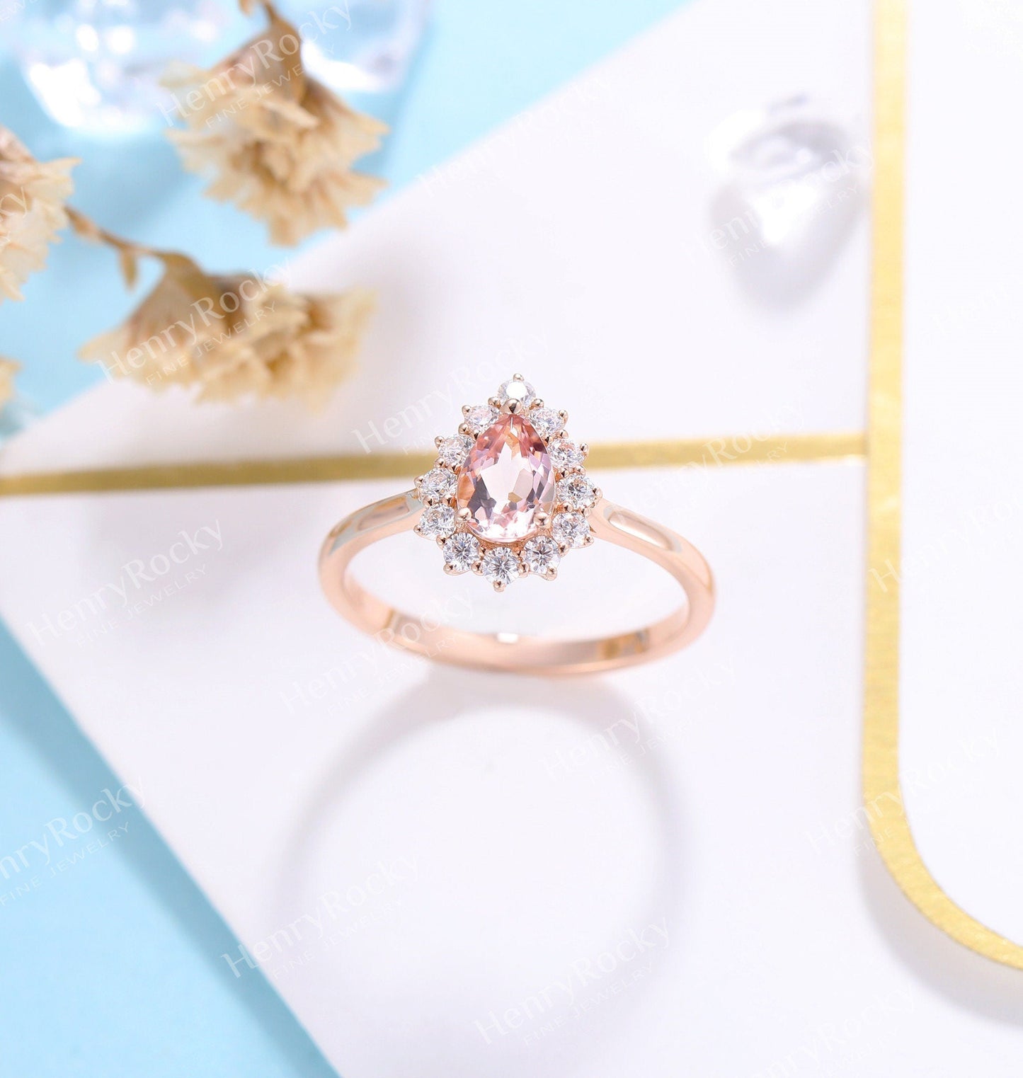Antique Morganite engagement ring rose gold women | Vintage pear shaped wedding ring |  Unique Halo Bridal ring | Anniversary gift for her