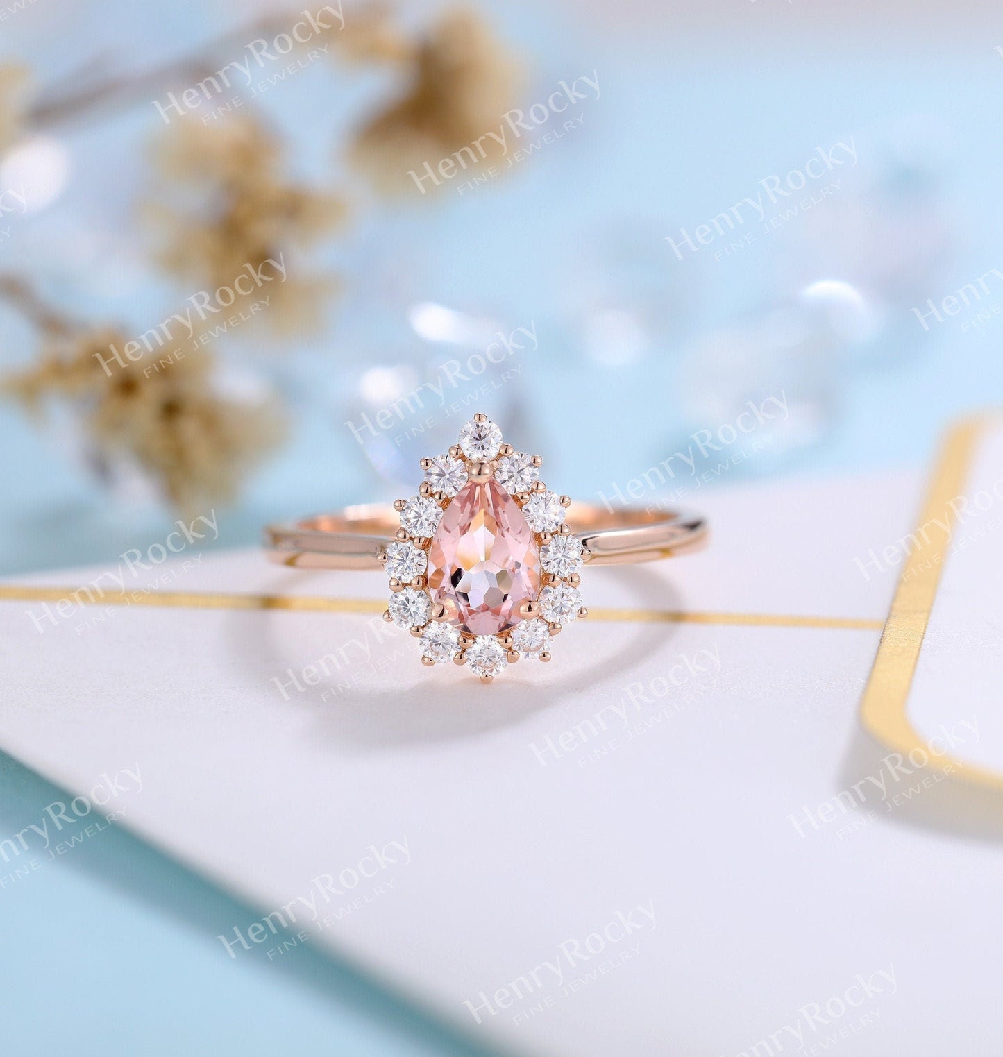 Antique Morganite engagement ring rose gold women | Vintage pear shaped wedding ring |  Unique Halo Bridal ring | Anniversary gift for her