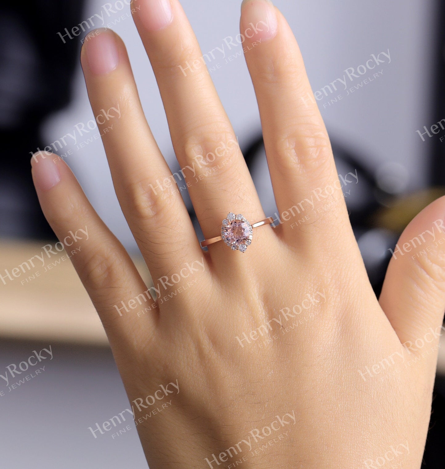 Antique Morganite engagement ring rose gold women | Vintage round cut wedding ring |  Unique Halo Bridal ring | Anniversary gift for her