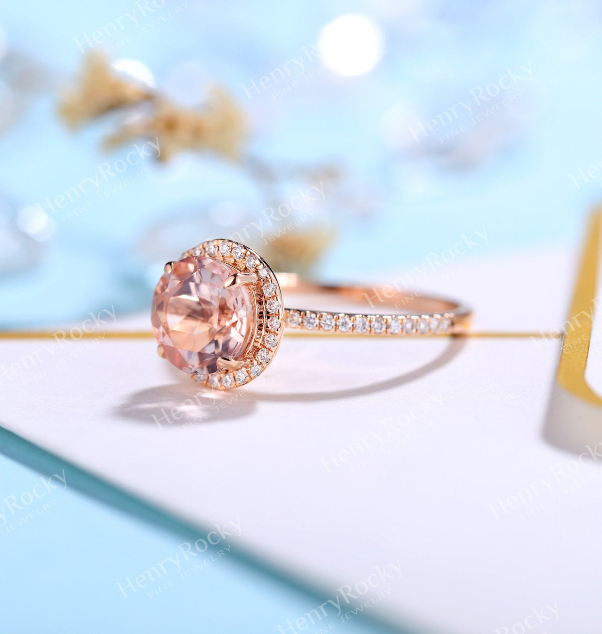 Antique Morganite engagement ring rose gold women | Vintage round cut wedding ring |  Unique jewelry Bridal ring | Anniversary gift for her