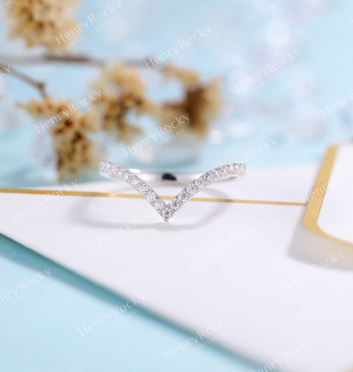 Art deco Moissanite Wedding Band Women | white gold band | curved half eternity Bridal Jewelry | Vintage promise Anniversary Gift for her