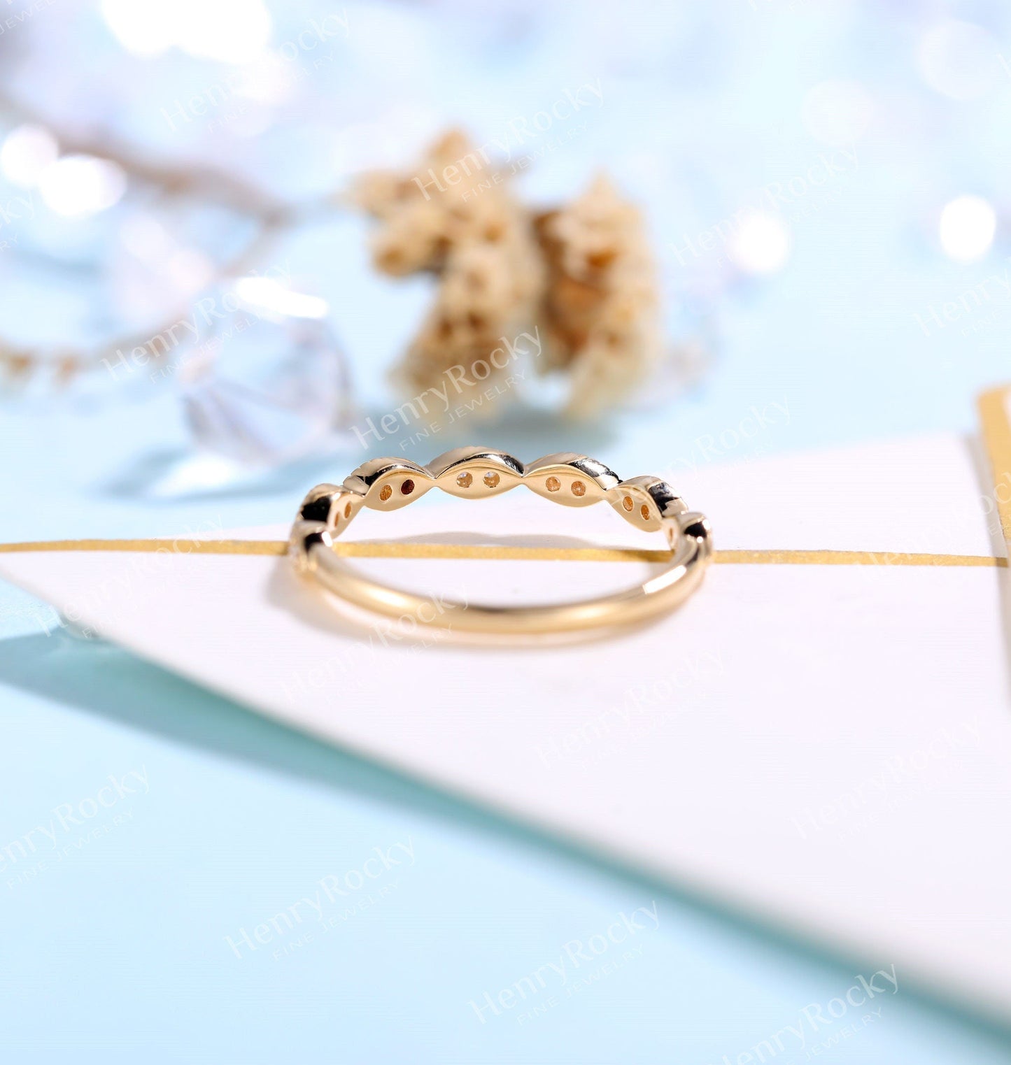 Diamond/Moissanite yellow gold wedding band women | vintage milgrain stacking matching bridal jewelry |promise ring anniversary gift for her