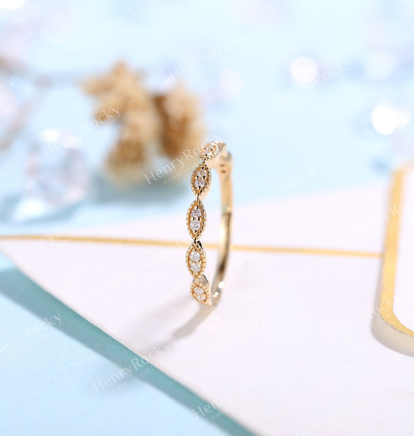 Diamond/Moissanite yellow gold wedding band women | vintage milgrain stacking matching bridal jewelry |promise ring anniversary gift for her