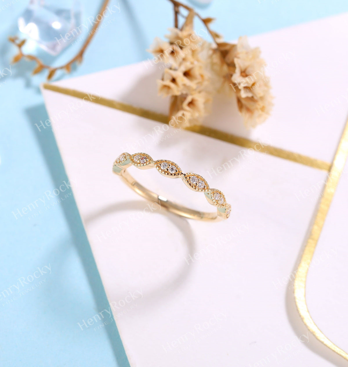 Diamond/Moissanite yellow gold wedding band women | vintage milgrain stacking matching bridal jewelry |promise ring anniversary gift for her