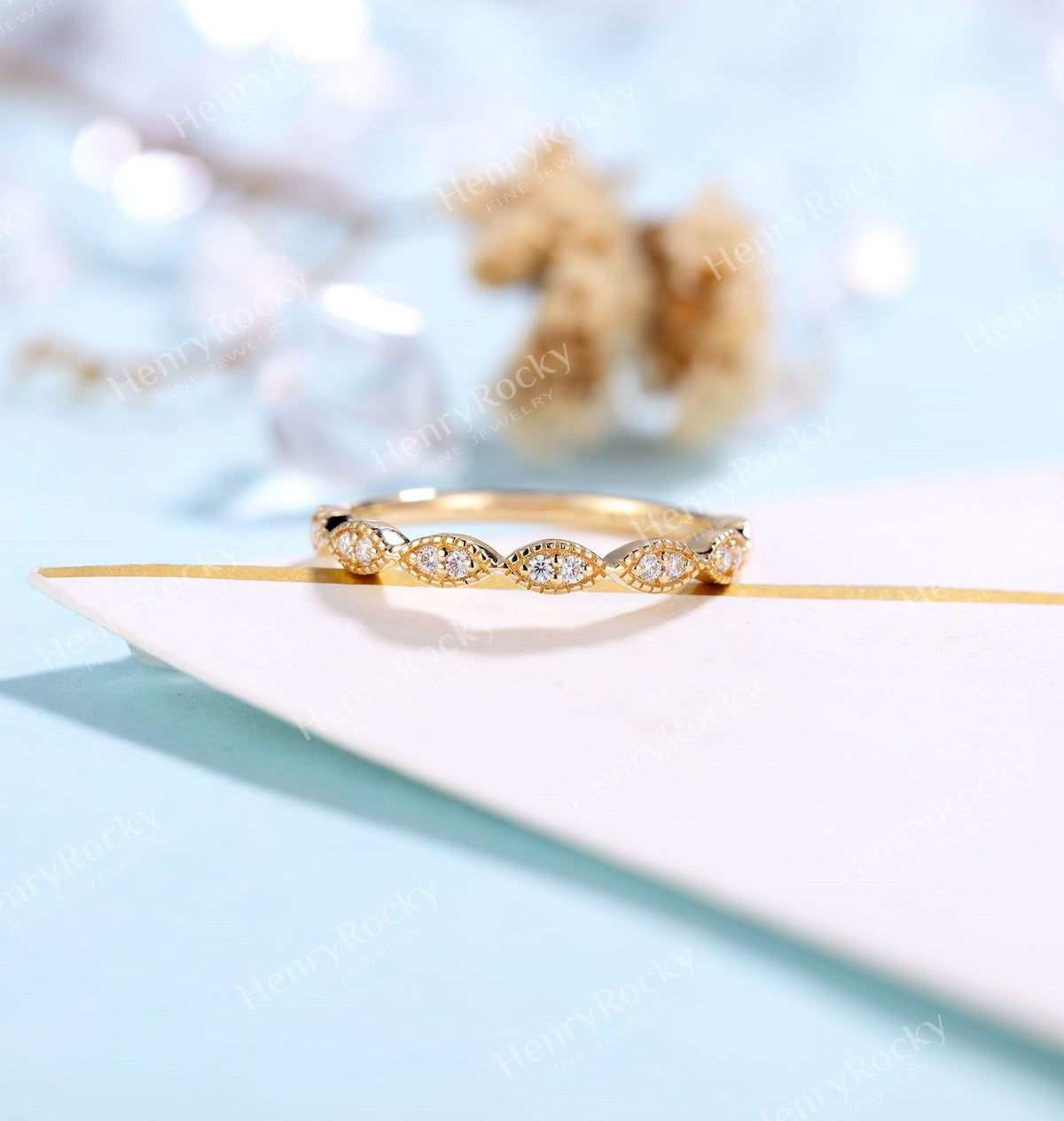 Diamond/Moissanite yellow gold wedding band women | vintage milgrain stacking matching bridal jewelry |promise ring anniversary gift for her