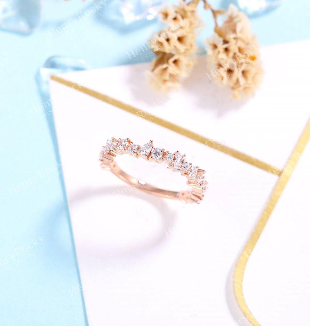 Antique Wedding Band Rose Gold Women | Vintage CZ Stacking Matching Art deco Jewelry | Unique Promise Ring | Anniversary Gift for her