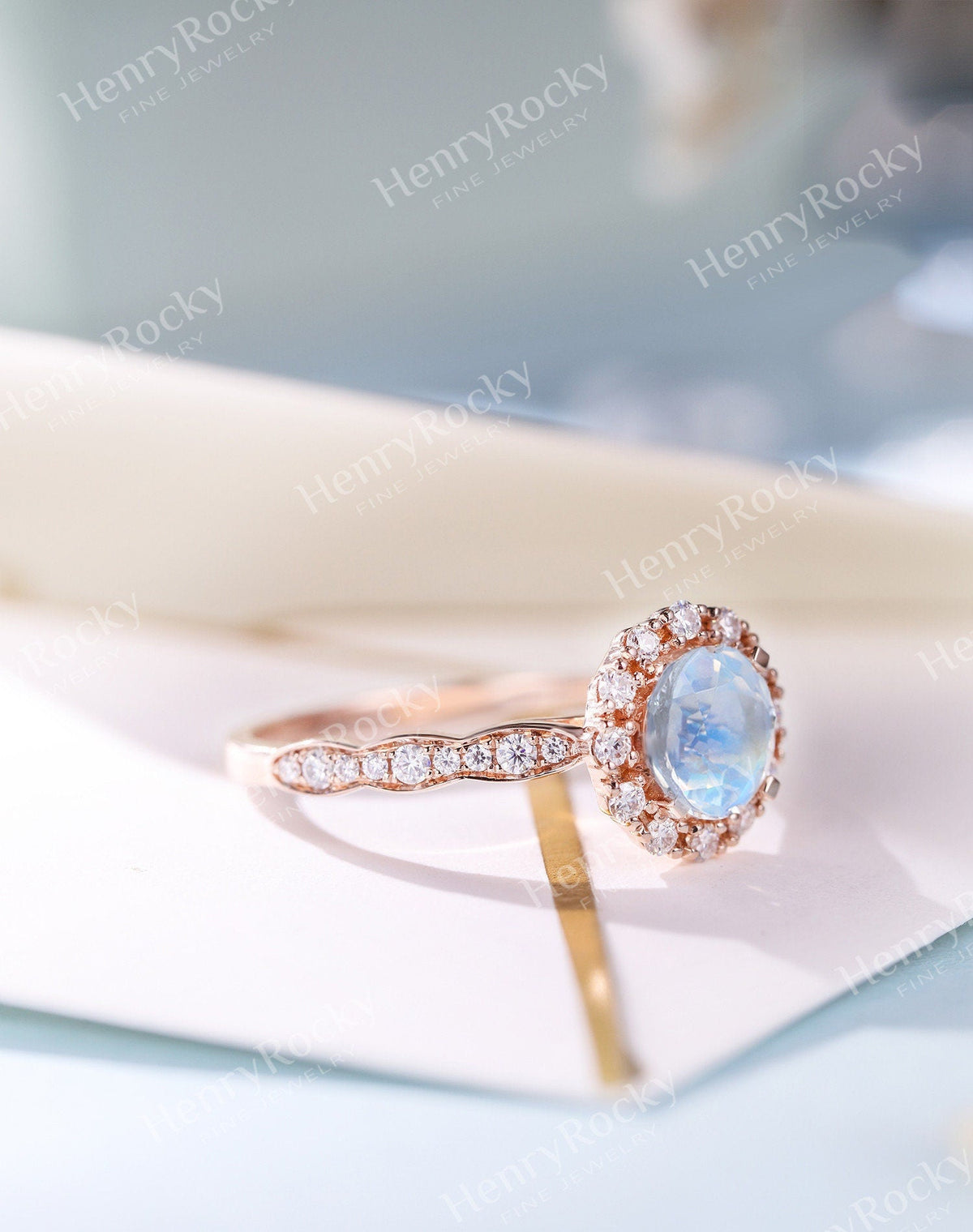 Vintage Moonstone Rose Gold Engagement Ring Women | Antique Half Eternity Halo Bridal Jewelry | Unique Promise Ring Her Anniversary Gifts