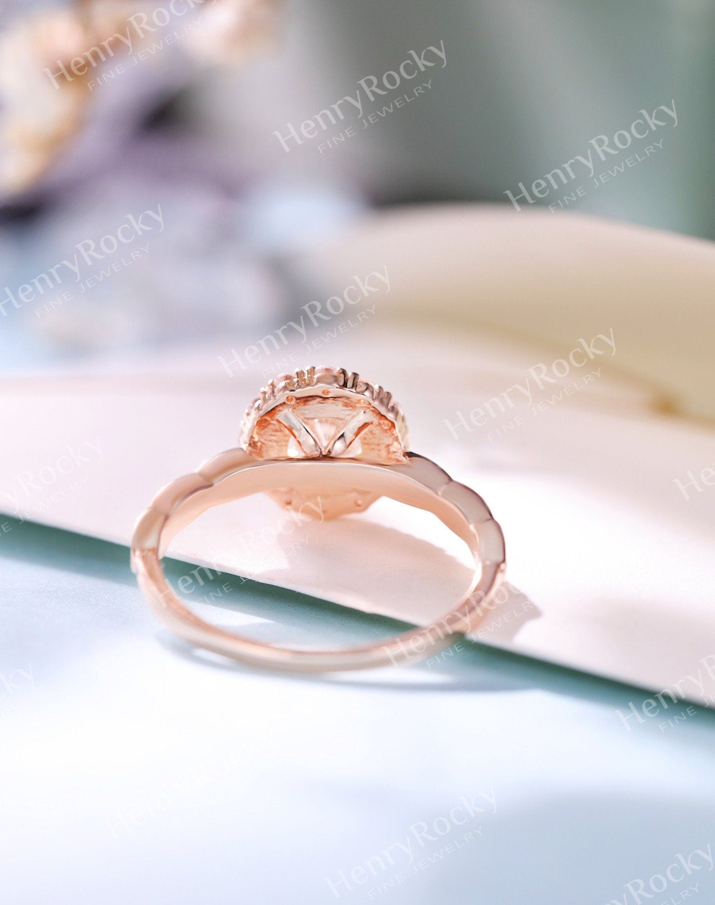 Vintage Moonstone Rose Gold Engagement Ring Women | Antique Half Eternity Halo Bridal Jewelry | Unique Promise Ring Her Anniversary Gifts