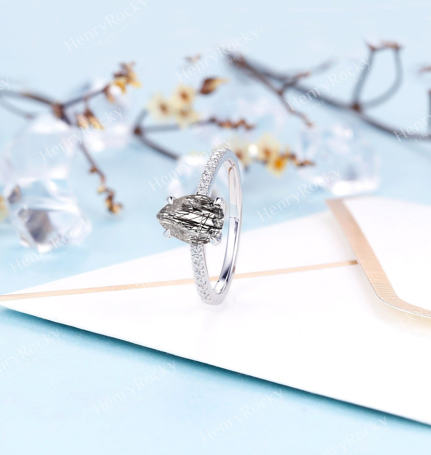 Black Rutilated Quartz Engagement Ring Women |White Gold Band Women |Pear shaped bridal ring |Moissanite wedding jewelry|Vintage Anniversary