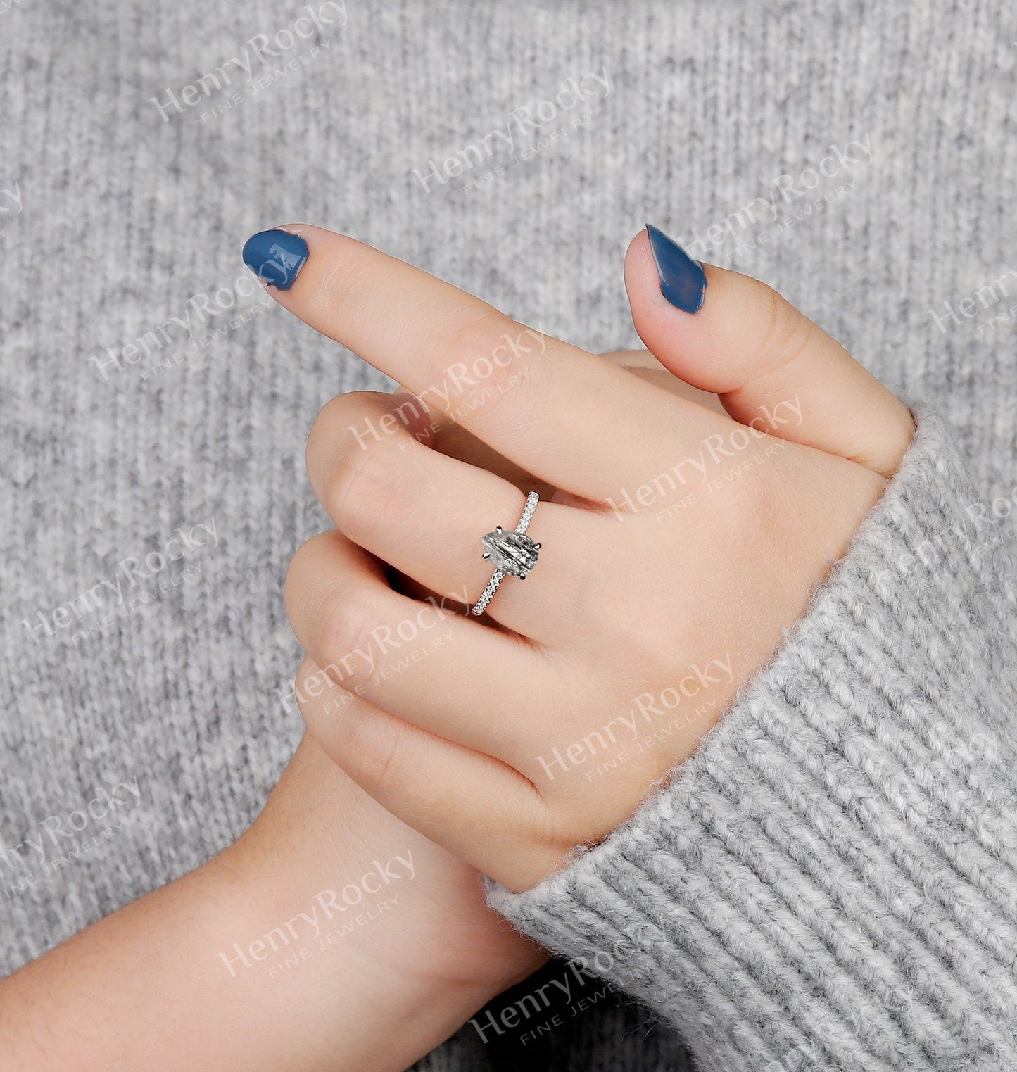 Black Rutilated Quartz Engagement Ring Women |White Gold Band Women |Pear shaped bridal ring |Moissanite wedding jewelry|Vintage Anniversary