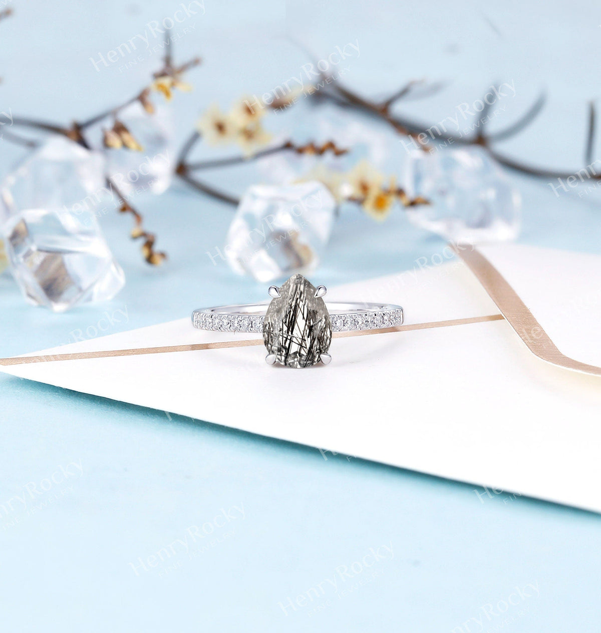 Black Rutilated Quartz Engagement Ring Women |White Gold Band Women |Pear shaped bridal ring |Moissanite wedding jewelry|Vintage Anniversary