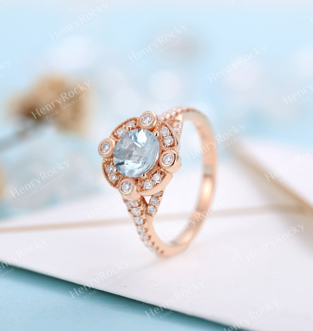 Art deco Aquamarine/Morganite Engagement Ring Rose gold Women | Unique Halo Milgrain Bridal jewelry | Promise Ring Anniversary gifts for her