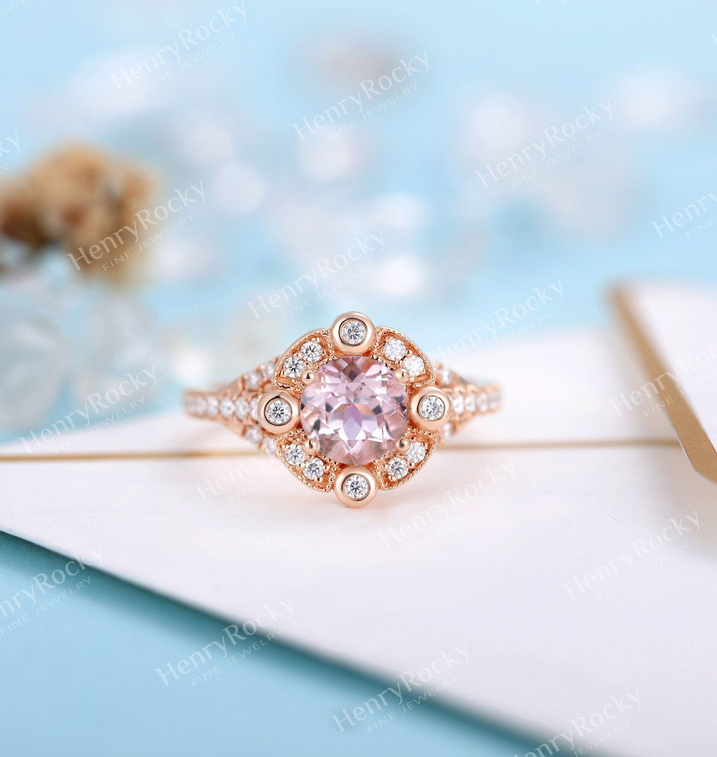 Art deco Aquamarine/Morganite Engagement Ring Rose gold Women | Unique Halo Milgrain Bridal jewelry | Promise Ring Anniversary gifts for her