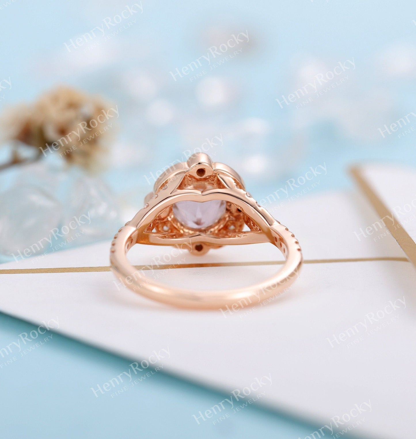 Art deco Aquamarine/Morganite Engagement Ring Rose gold Women | Unique Halo Milgrain Bridal jewelry | Promise Ring Anniversary gifts for her