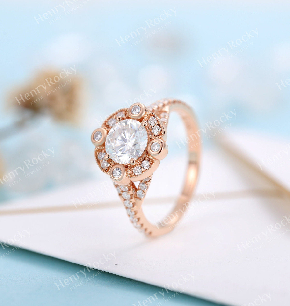 Art deco Moissanite Engagement Ring Rose gold Women | Unique Halo Milgrain round cut Bridal jewelry | Promise Ring Anniversary gifts for her