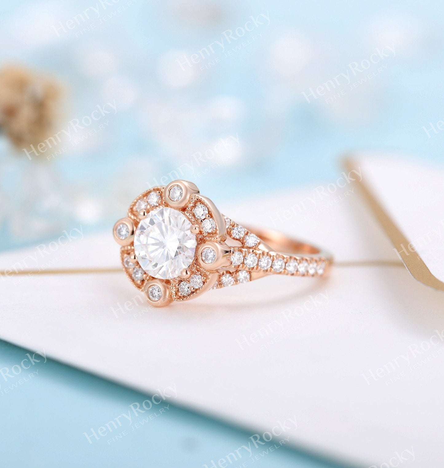 Art deco Moissanite Engagement Ring Rose gold Women | Unique Halo Milgrain round cut Bridal jewelry | Promise Ring Anniversary gifts for her