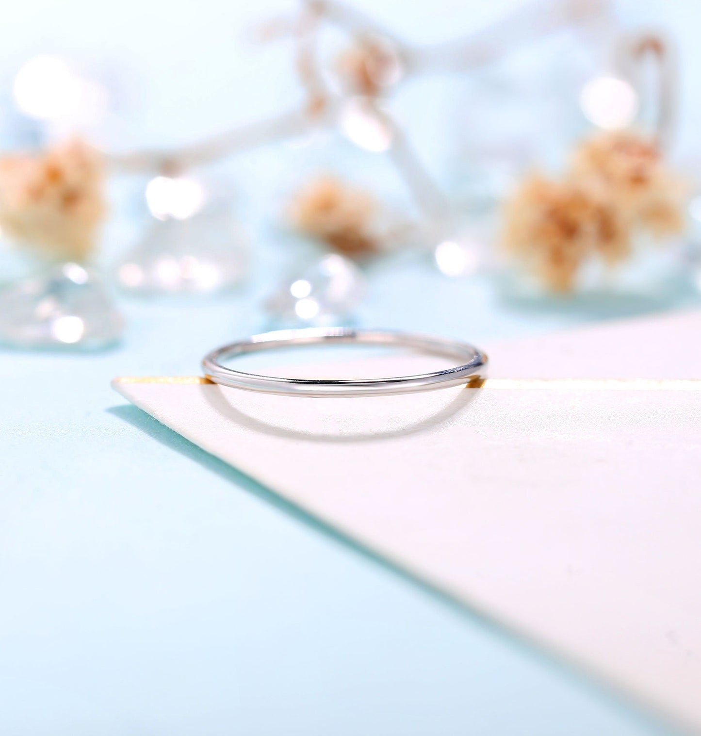 Dainty White gold wedding band women | Vintage stacking matching bridal ring | unique thin jewelry | promise ring anniversary gift for her