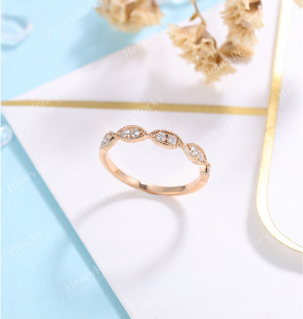 Diamond/Moissanite rose gold wedding band women | vintage milgrain stacking matching bridal jewelry | promise ring anniversary gift for her