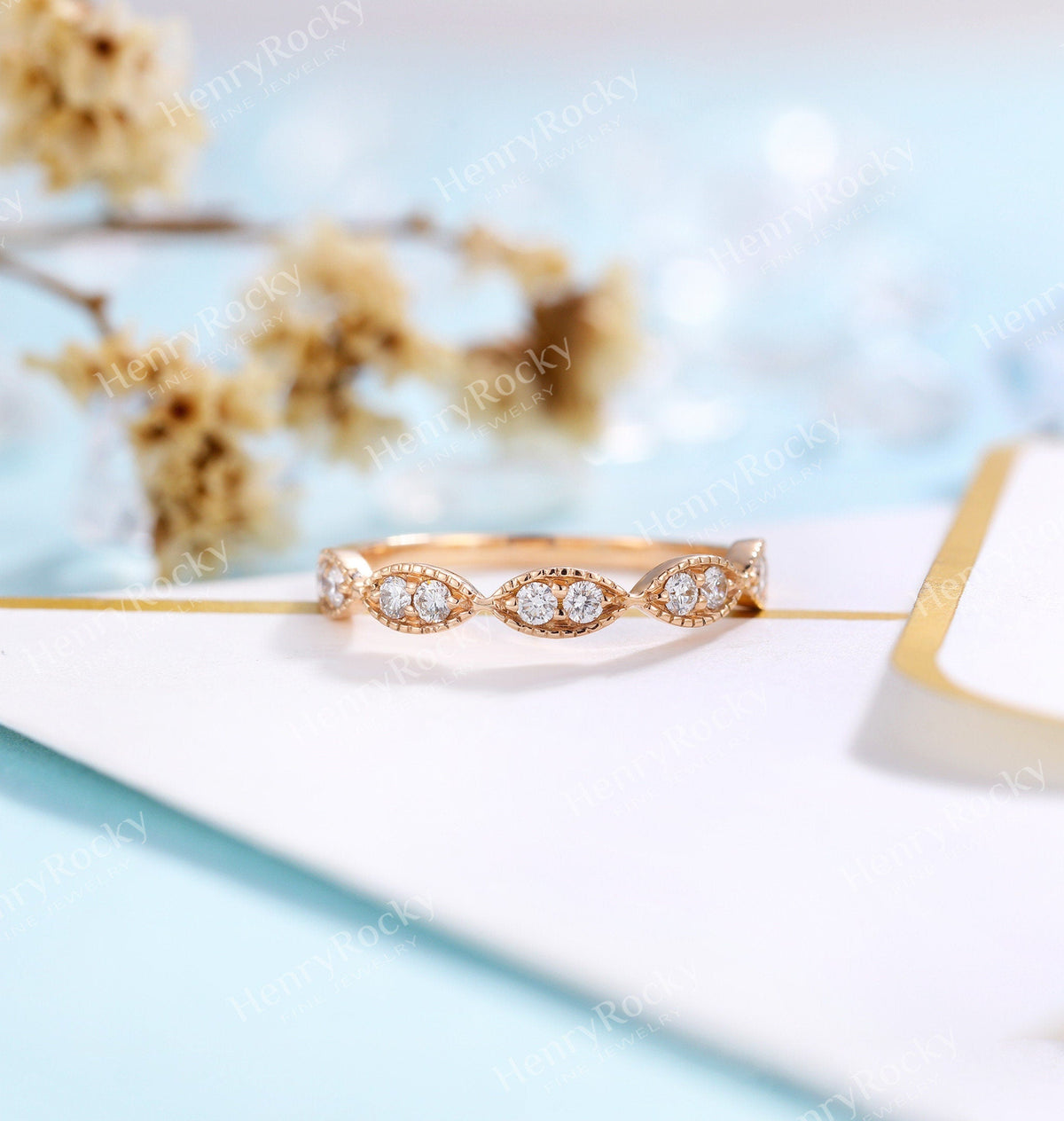 Diamond/Moissanite rose gold wedding band women | vintage milgrain stacking matching bridal jewelry | promise ring anniversary gift for her