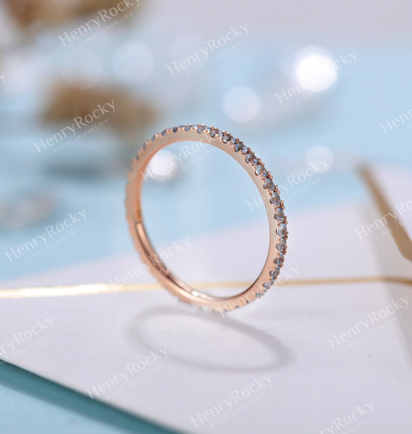 Vintage Aquamarine Wedding Band | Art deco eternity Band stacking Rose gold Band | Unique ring matching Band Bridal ring | Anniversary ring