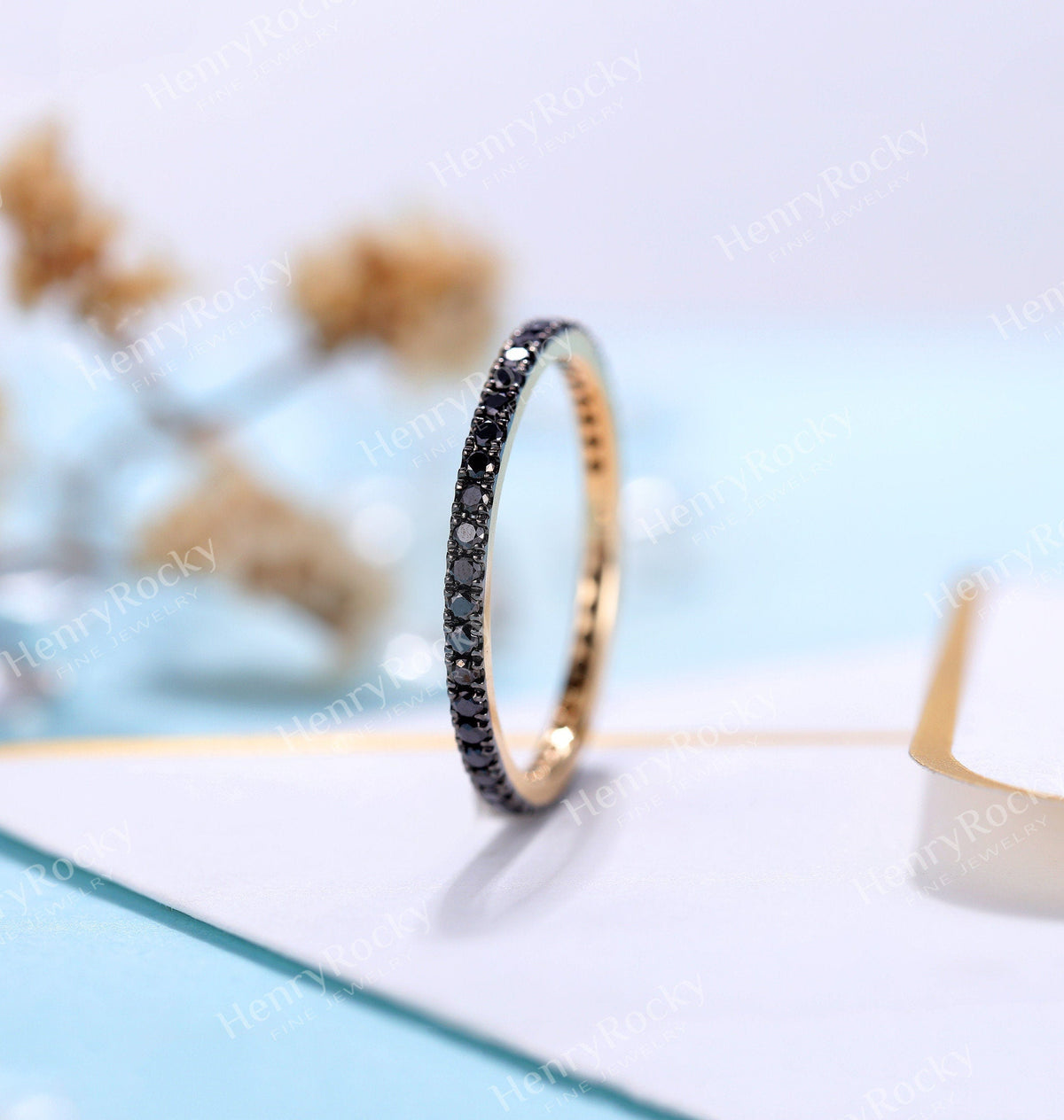 Art deco Black Diamond Wedding Band Women | yellow gold band | eternity Bridal Jewelry | Vintage promise Anniversary Gift for her