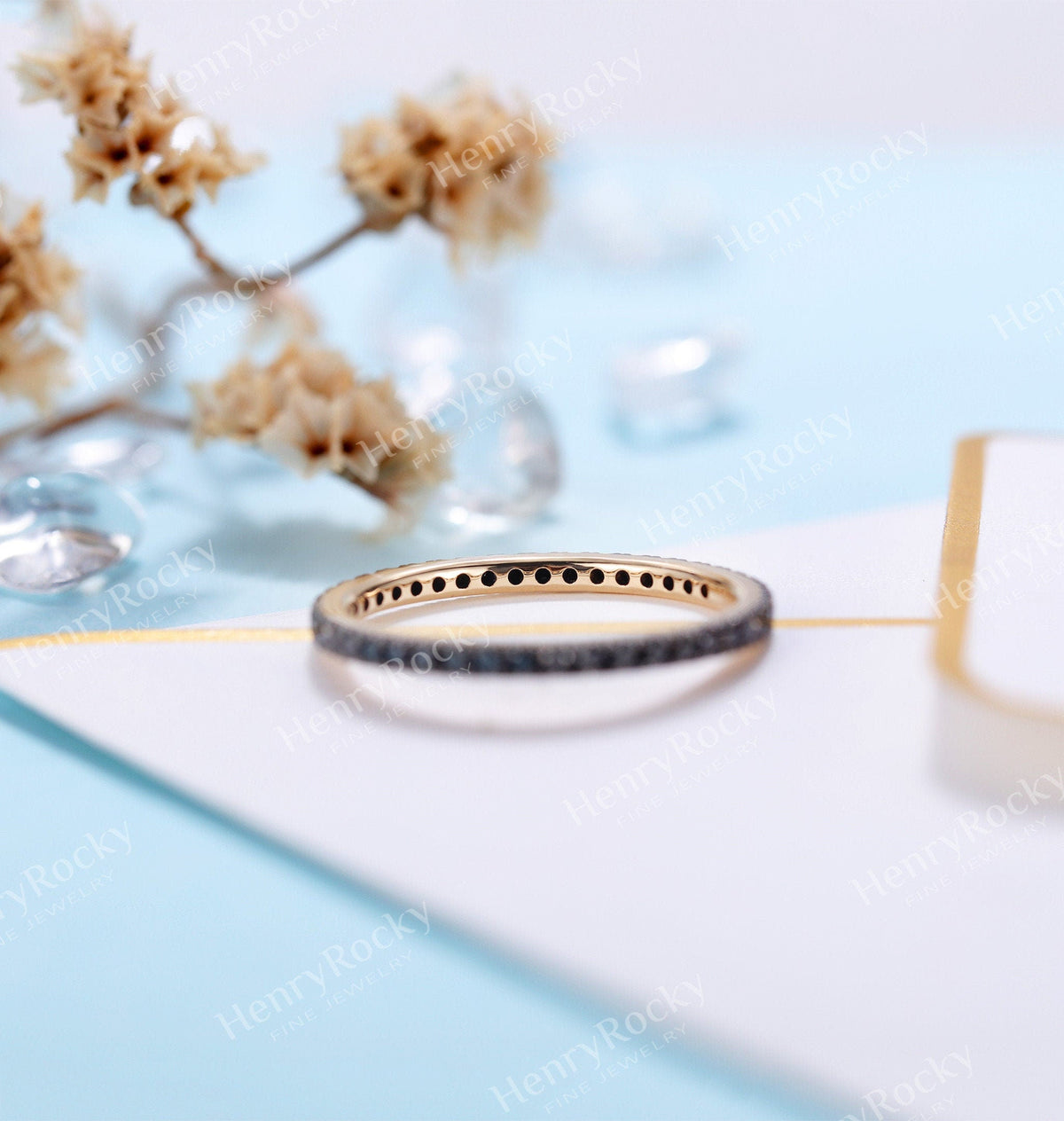 Art deco Black Diamond Wedding Band Women | yellow gold band | eternity Bridal Jewelry | Vintage promise Anniversary Gift for her