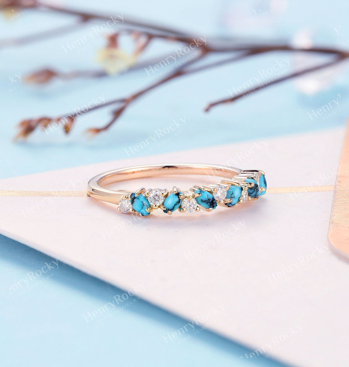 Antique Turquoise Wedding Band Rose Gold Women | Vintage Moissanite Stacking Bridal Ring | Art Deco Diamond Promise Ring | Anniversary ring