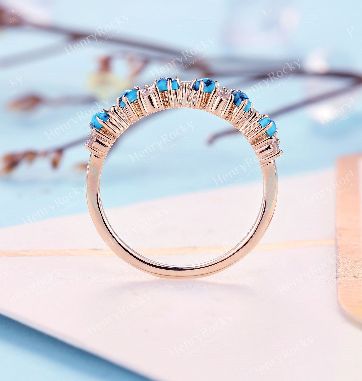 Antique Turquoise Wedding Band Rose Gold Women | Vintage Moissanite Stacking Bridal Ring | Art Deco Diamond Promise Ring | Anniversary ring