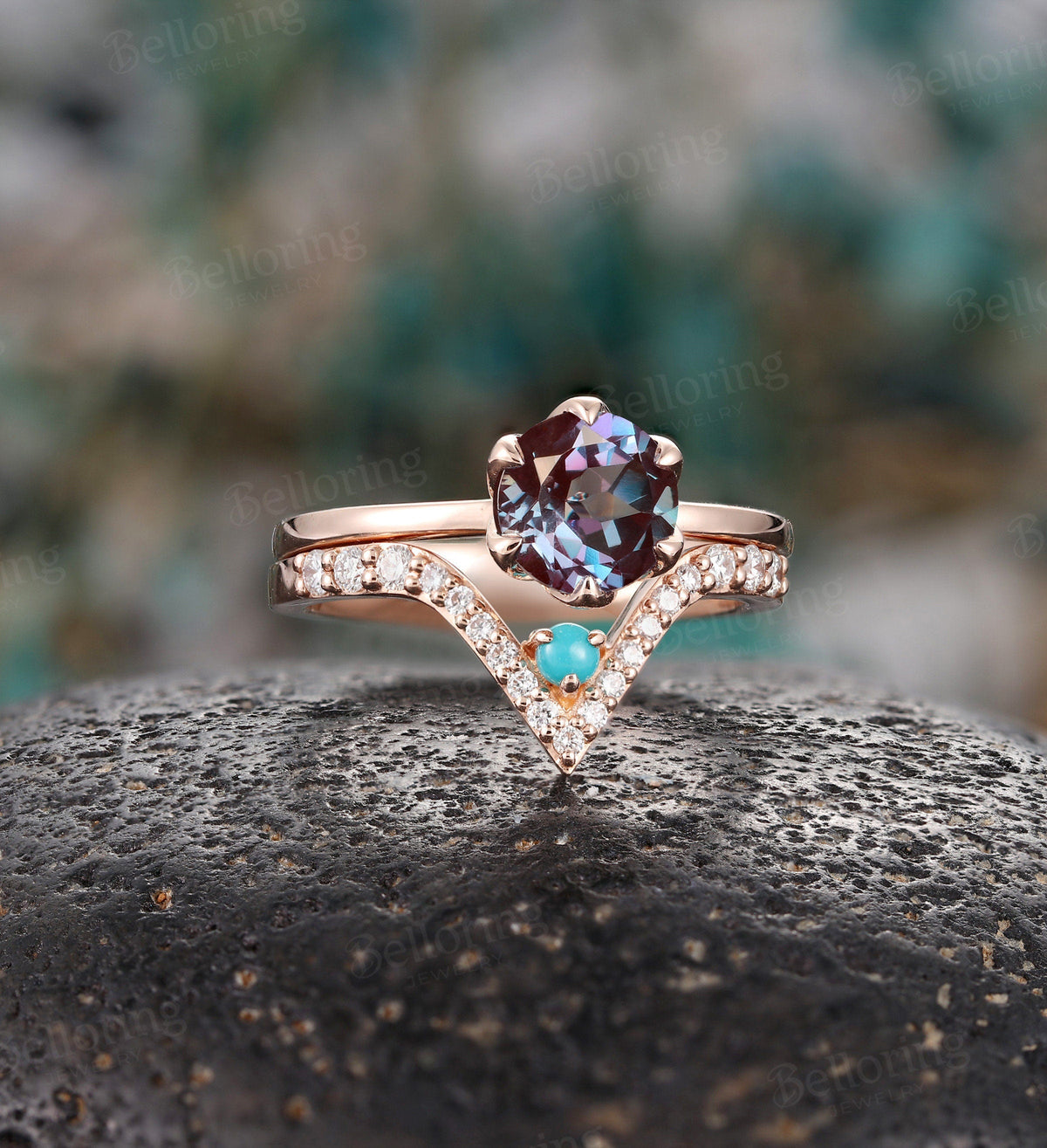 Alexandrite engagement ring set chevron band rose gold ring Vintage rings V shape band Antique stacking rings Promise ring prong set ring