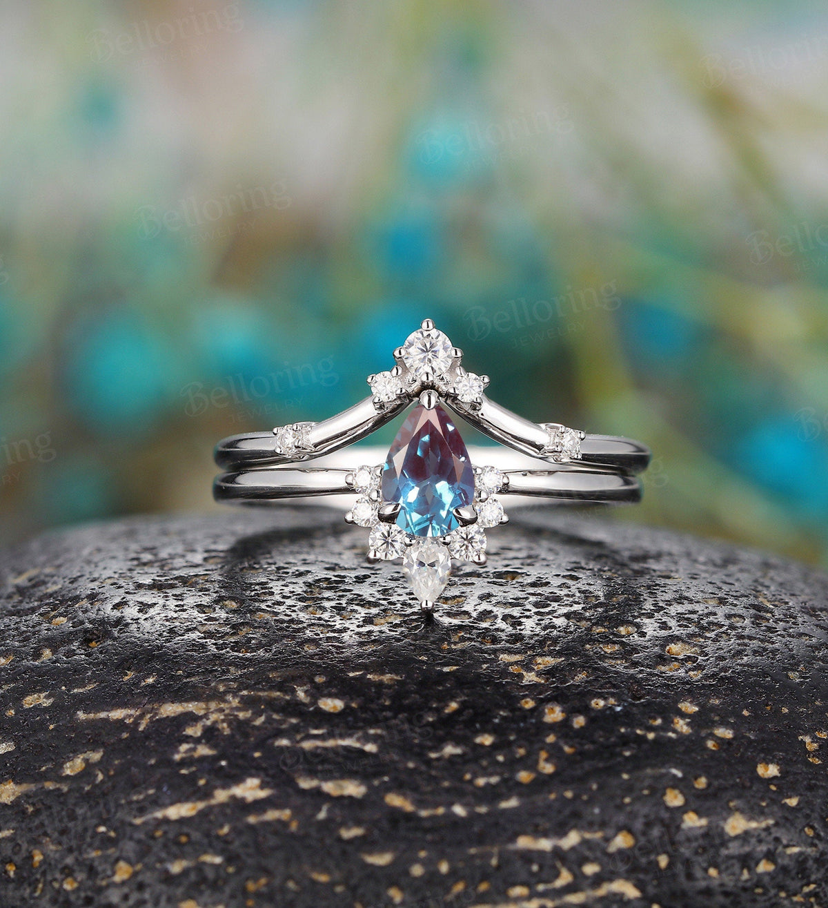 Alexandrite engagement ring set white gold  vintage pear shaped unique moissanite Wedding Ring set Jewelry art deco Anniversary wedding ring