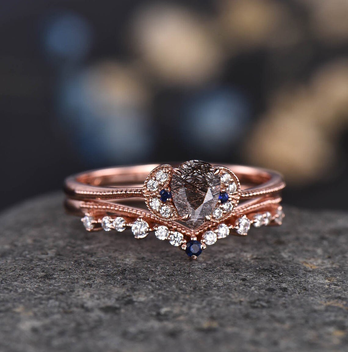 Black Rutilated Quartz Engagement Ring Rose Gold,Black Diamond Solitaire Ring,Pear shaped wedding rings for women