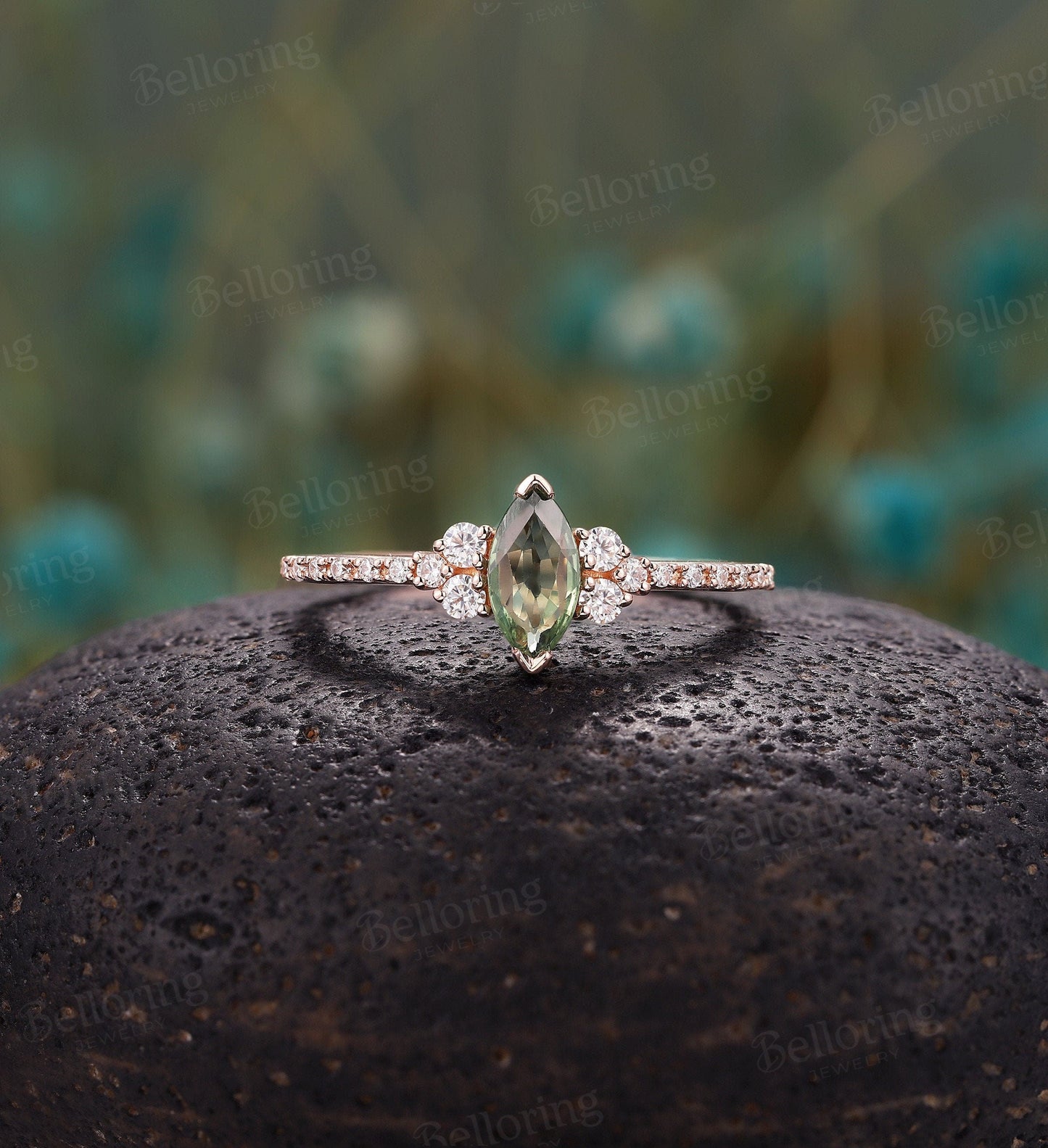 Green sapphire engagement ring vintage Rose gold marquise cut moissanite Half eternity unique Wedding Promise Anniversary wedding ring