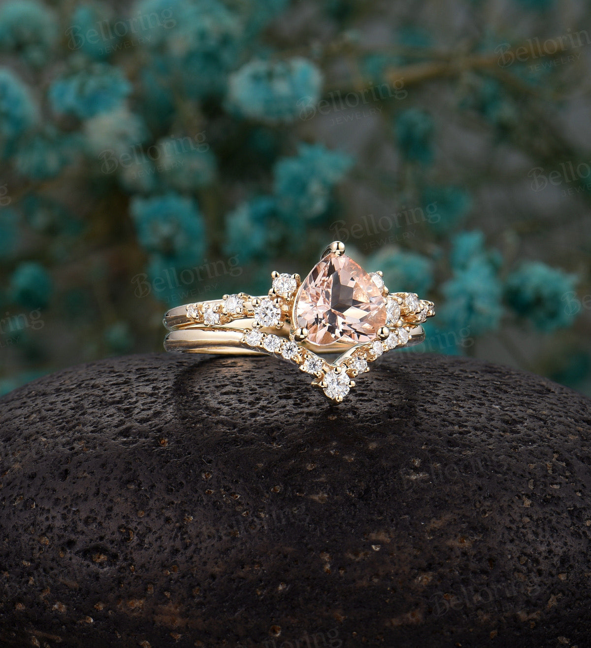 Heart-shaped Morganite Engagement vintage unique ring, Art deco Wedding ring antique yellow gold ring set, promise Anniversary wedding ring