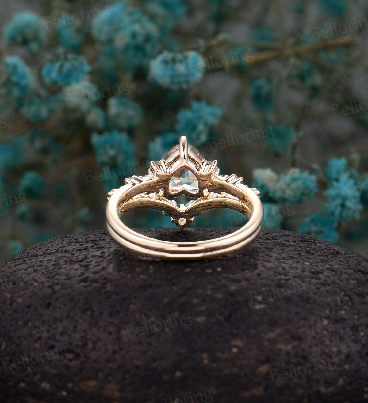 Heart-shaped Morganite Engagement vintage unique ring, Art deco Wedding ring antique yellow gold ring set, promise Anniversary wedding ring