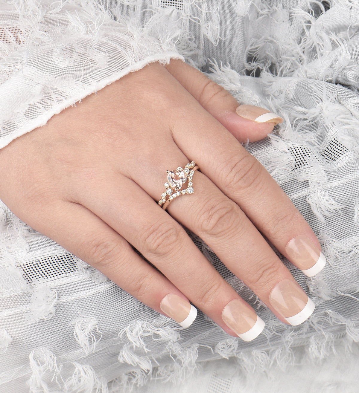 Heart-shaped Morganite Engagement vintage unique ring, Art deco Wedding ring antique yellow gold ring set, promise Anniversary wedding ring