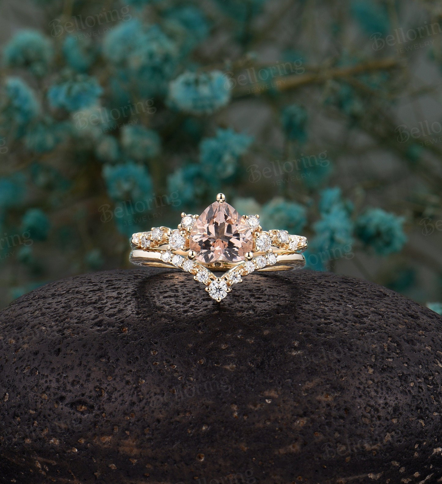 Heart-shaped Morganite Engagement vintage unique ring, Art deco Wedding ring antique yellow gold ring set, promise Anniversary wedding ring