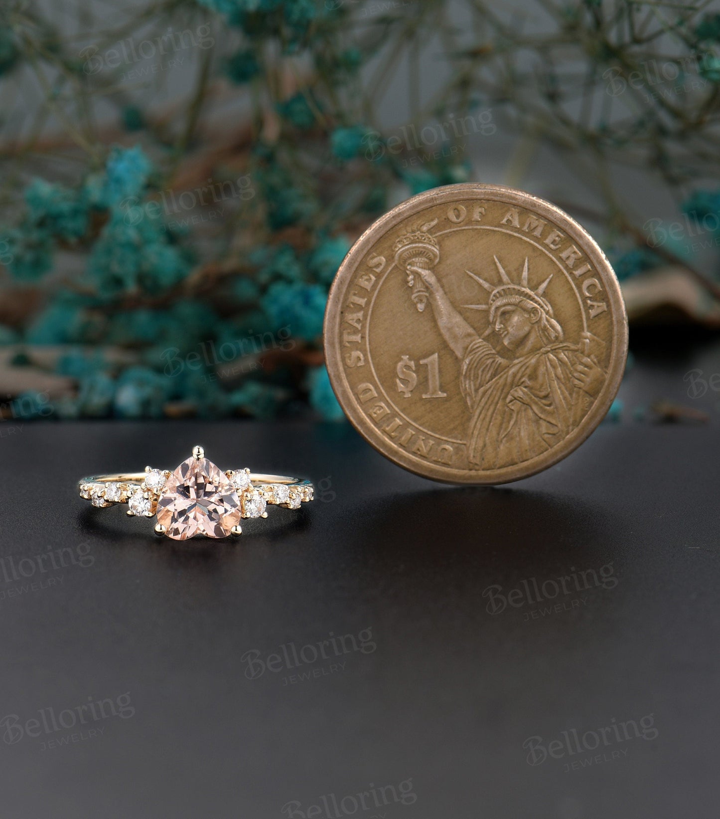 Heart-shaped Morganite vintage Engagement unique prong set ring, Art deco Wedding ring antique yellow gold ring, Anniversary wedding ring
