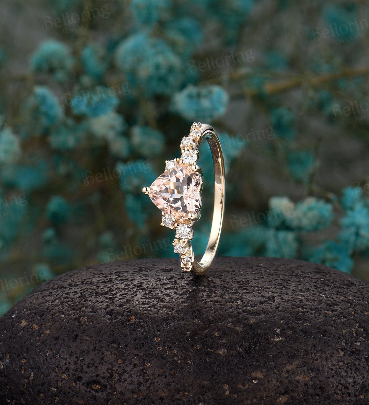 Heart-shaped Morganite vintage Engagement unique prong set ring, Art deco Wedding ring antique yellow gold ring, Anniversary wedding ring