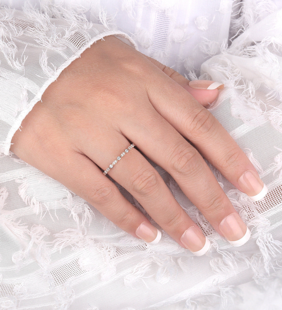 Art deco diamond ring vintage rose gold curved Halo wedding band  Half eternity  antique bridal set Promise Matching band