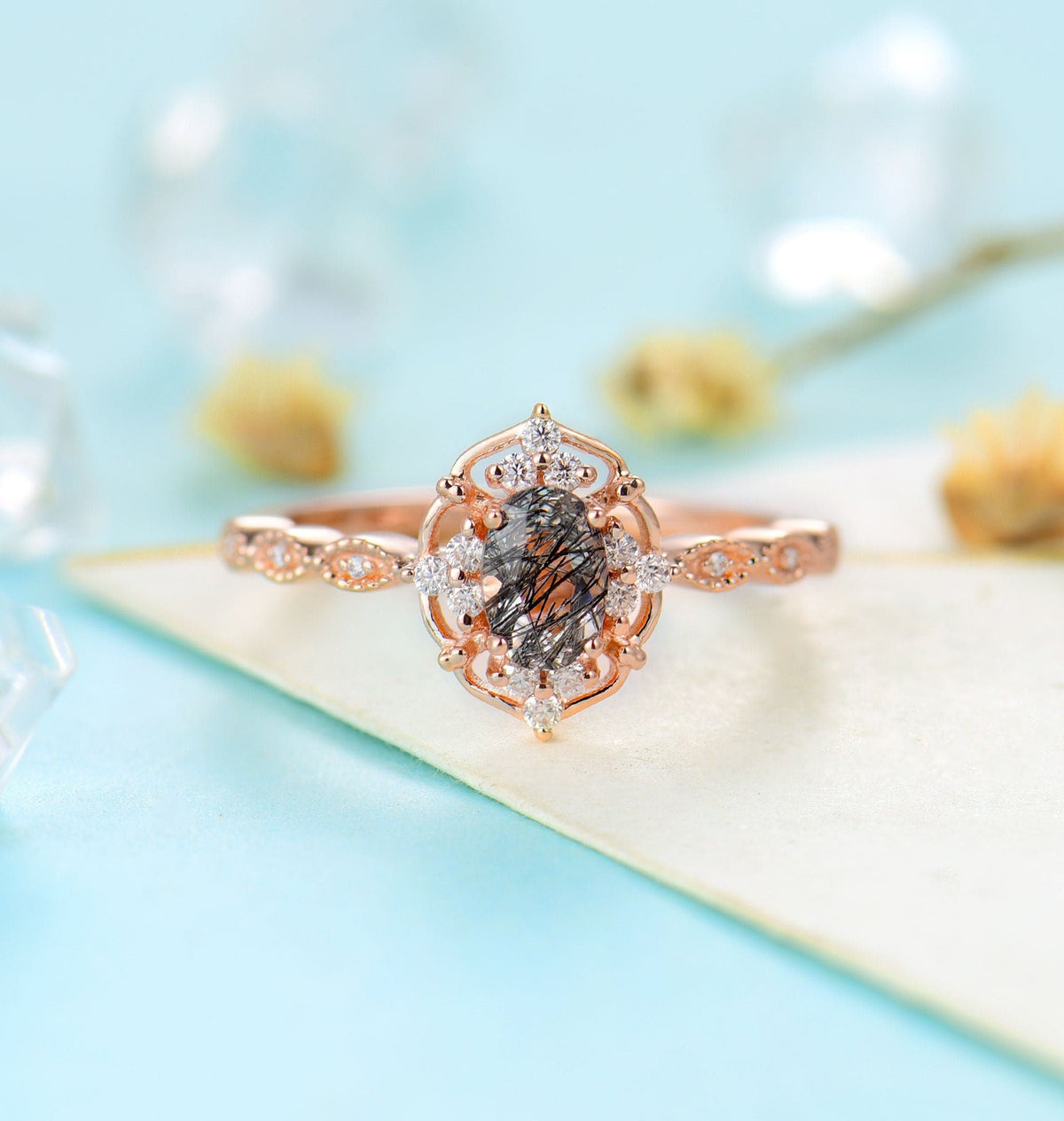 Black Rutilated Quartz   Engagement Ring Women Rose Gold | Antique Oval cut Bridal Jewelry | Art deco Halo Ring Milgrain | Anniversary ring